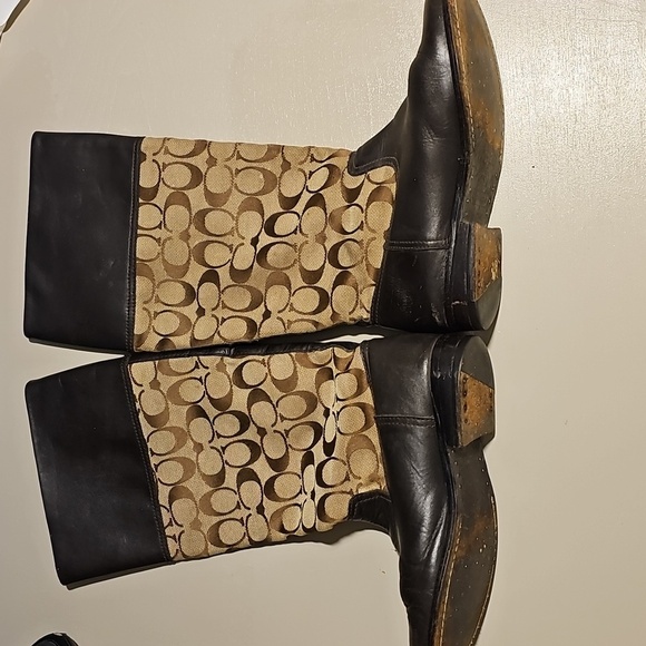 Womens Coach Black/Brown Leather Trim Jaquard Riding Boots Sz 5.5 - Picture 2 of 7